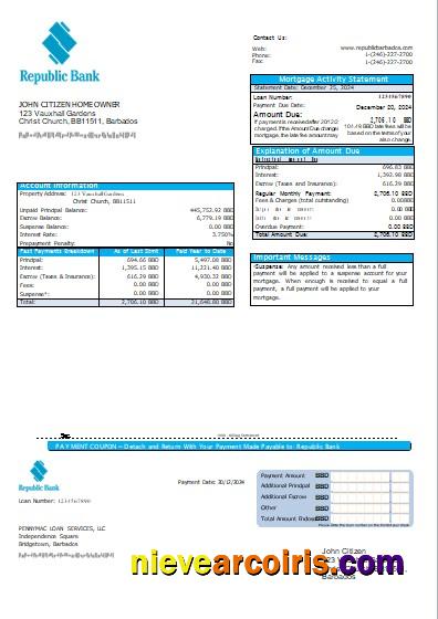 Barbados Republic Bank mortgage statement